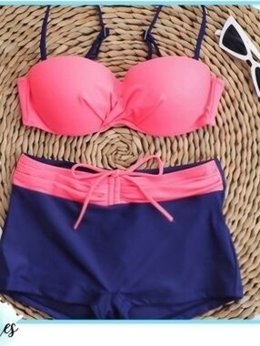 Pink Blue Two Piece Bikini Set Ruched Top High Waist Bottom Cute Summer Swimwear